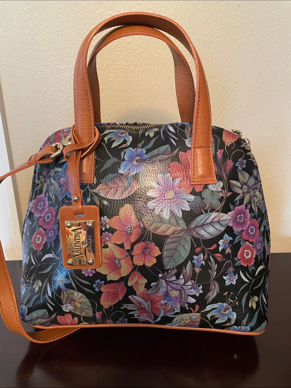 Valentina Multicolor Floral Satchel with Tan Trim